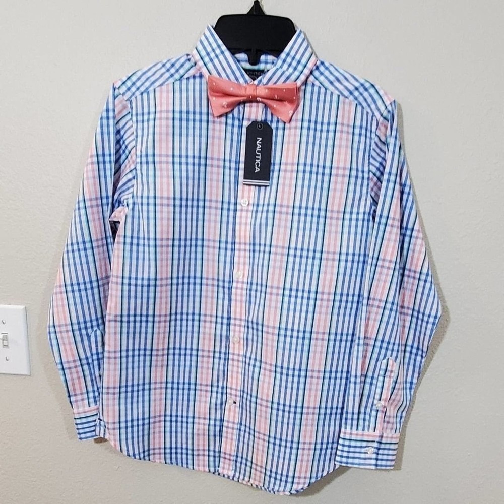 Nautica‎ blue plaid shirt and bow tie boys size 10 new!!!